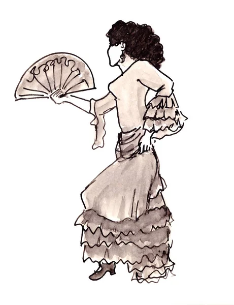 Hiszpański kobieta z wentylator taniec flamenco czarny i biały atrament rysunek — Zdjęcie stockowe