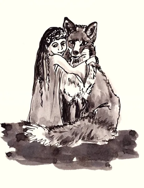 Κορίτσι και αλεπού μονόχρωμο μαύρο και άσπρο σχέδιο μελάνι — Φωτογραφία Αρχείου