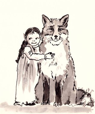 Kız ve tilki tek renkli siyah beyaz mürekkep çizimi