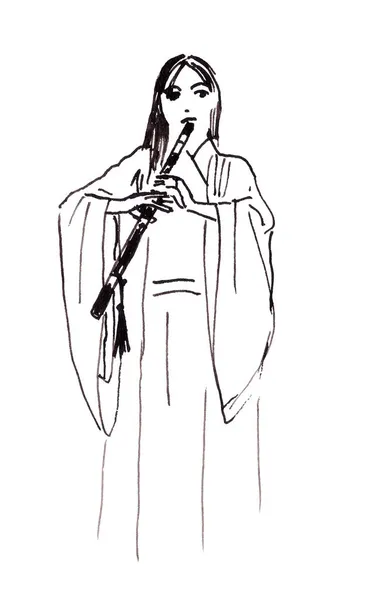 Chica músico en chino hanfu jugando xiao flauta, dibujo de tinta en estilo chino — Foto de Stock
