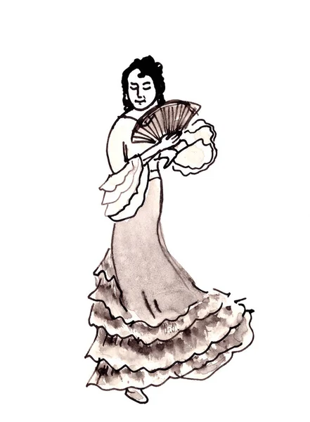 Spaanse vrouw met fan dansen flamenco zwart en wit inkt tekening — Stockfoto