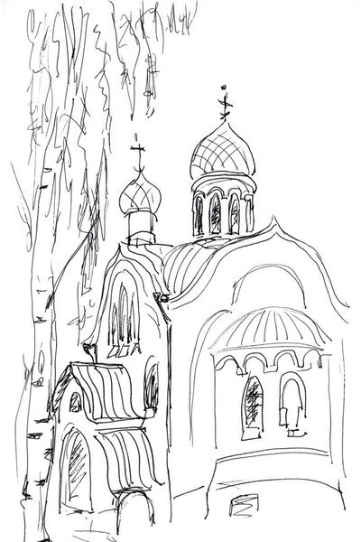Orthodox chapel graphic monochrome drawing, travel sketch. High quality illustration