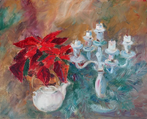 Poinsettia Castiçal Ramos Abeto Natal Ainda Vida Pintura Óleo Ilustração — Fotografia de Stock