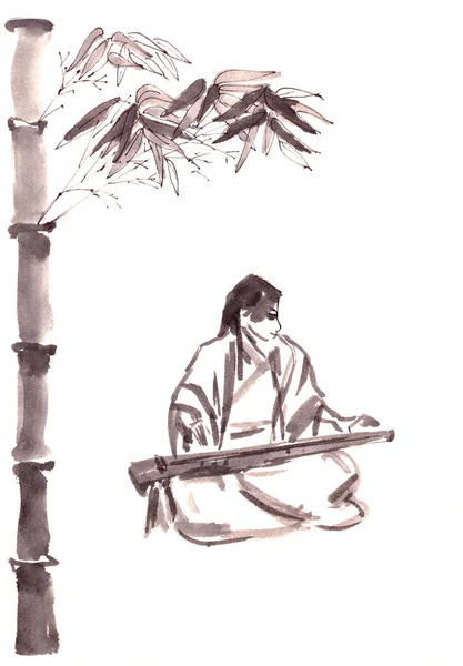 chinese girl musician in chinese costume playing guqin under the bamboo tree, ink drawing in chinese style. High quality illustration