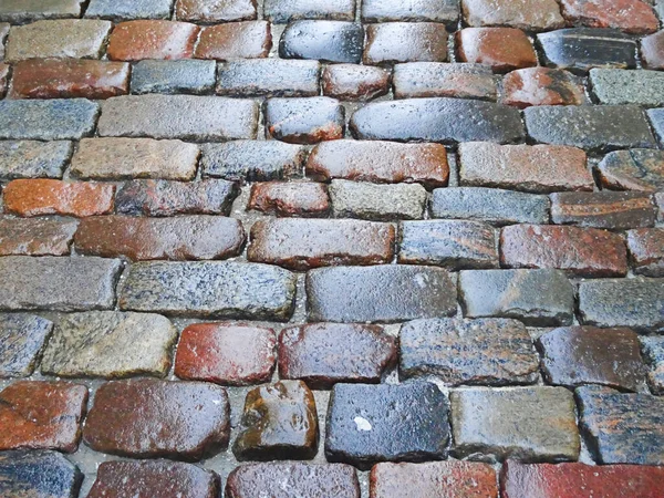 Pavimentazione Bagnata Pavimentata Con Pietra Multicolore Messa Fuoco Selettiva Foto — Foto Stock