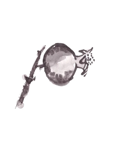 Owoc granatu na gałęzi monochromatyczne czarno-białe chiński styl rysunek atramentu, przestrzeń kopiowania — Zdjęcie stockowe