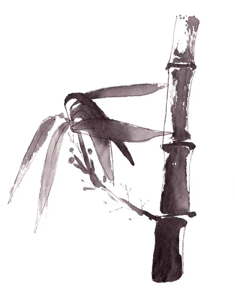 Bamboo trunks and leaves monochrome black and white chinese style ink drawing, copy space