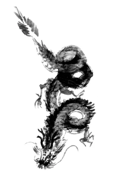 Dragon chinois noir dessin à l'encre graphique sur fond blanc — Photo