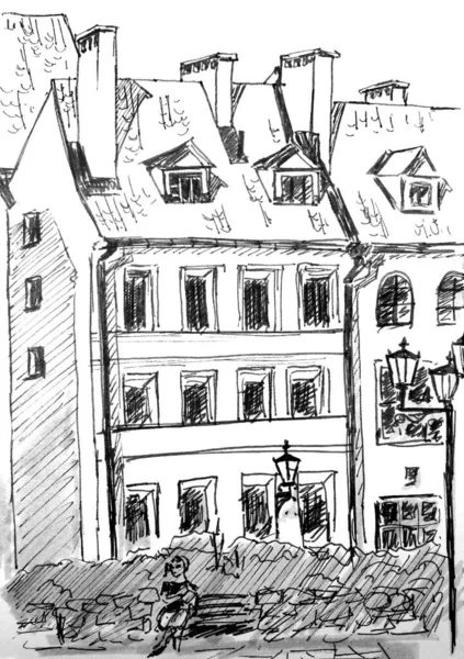 Riga, Lotyšsko, staré město, černobílá kresba, cestovní skica — Stock fotografie