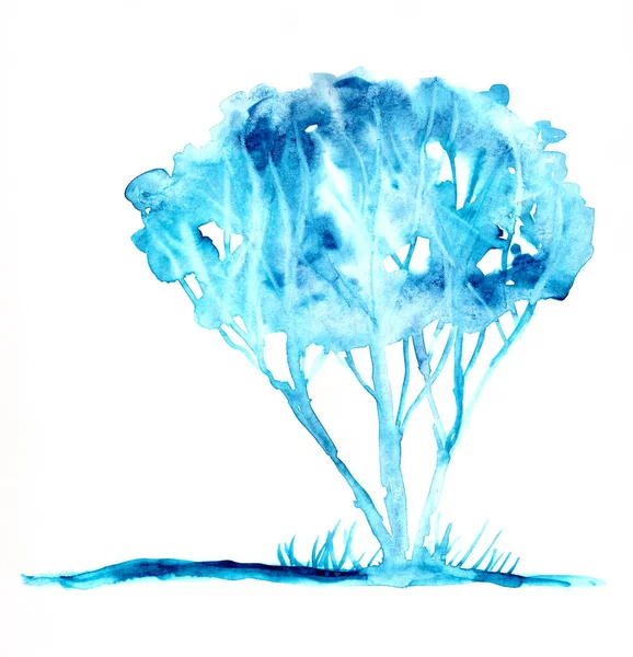 Acuarela abstracta dibujo invierno azul y turquesa árboles cubiertos de nieve, espacio de copia —  Fotos de Stock