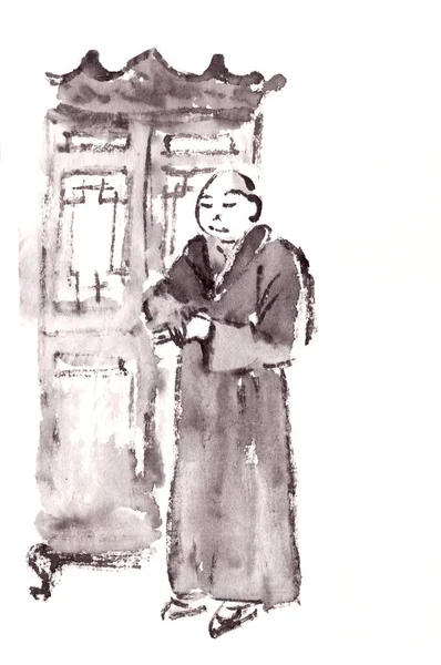 Буддійський чернець чорно-білий малюнок. — стокове фото