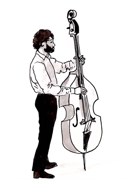 Musician man playing double bass, graphic black and white sketch — Stockfoto