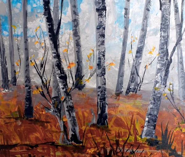 Troncs de bouleau sur un fond de chute automne orange peinture à l'huile de feuillage — Photo