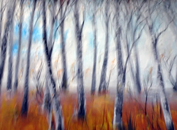 Birch trunks against a background of fallen autumn orange foliage in fog oil painting — Stock Photo, Image