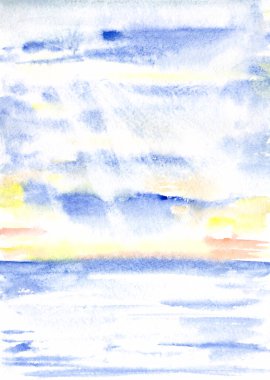 Gün batımında güneş ışığı olan deniz manzarası suluboya çizimi