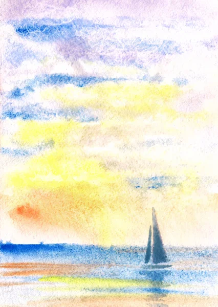 Günbatımında yelkenli yatı olan deniz manzaralı suluboya çizimi — Stok fotoğraf