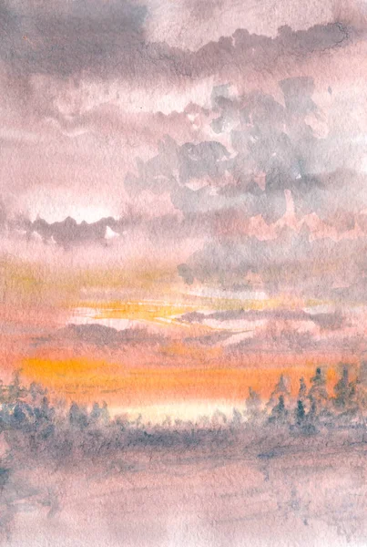 Turuncu pembe renkte gün batımı, suluboya çizim, kopyalama alanı — Stok fotoğraf