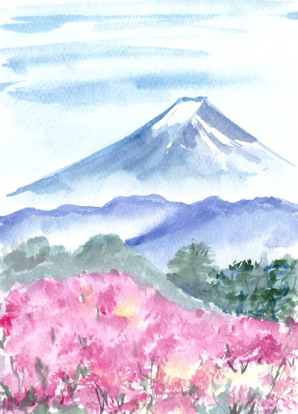 Акварельный Пейзаж Горы Фудзи Цветение Вишни Высокое Качество Иллюстрации Стоковое Фото