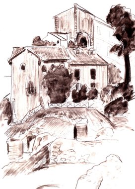 İtalya 'da Marcellus tiyatrosuna yakın eski evler, seyahat çizimleri, grafik çizimler. Yüksek kaliteli illüstrasyon