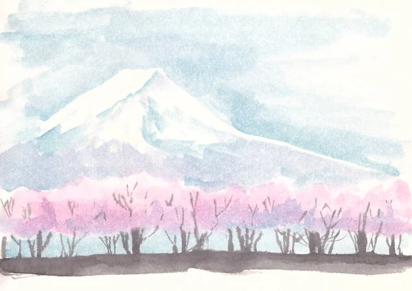 Акварельный Пейзаж Горы Фудзи Цветение Вишни Высокое Качество Иллюстрации Лицензионные Стоковые Изображения