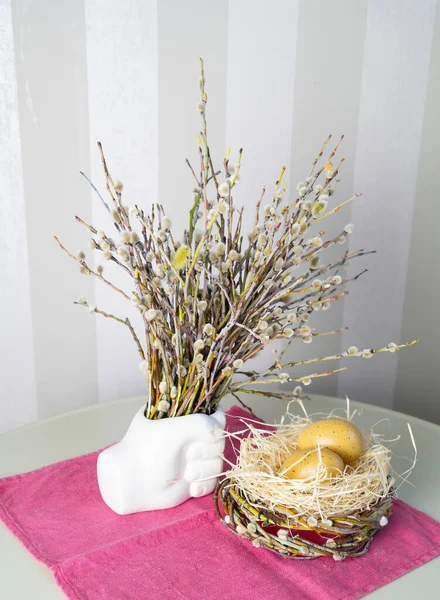 Nest Bird Eggs Blooming Willow Easter Still Life Selective Focus — Stock Photo, Image