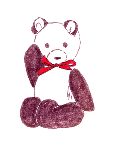 Peluche douce pour enfants blanc avec pattes noires ours avec un dessin arc rouge sur un fond blanc — Photo