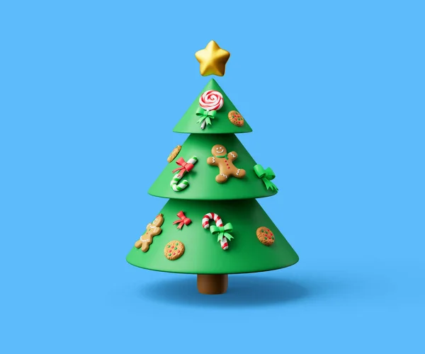 Egyszerű díszített karácsonyfa csillag a végén, és édességek, cookie-k és íjak rajta 3d render illusztráció — Stock Fotó
