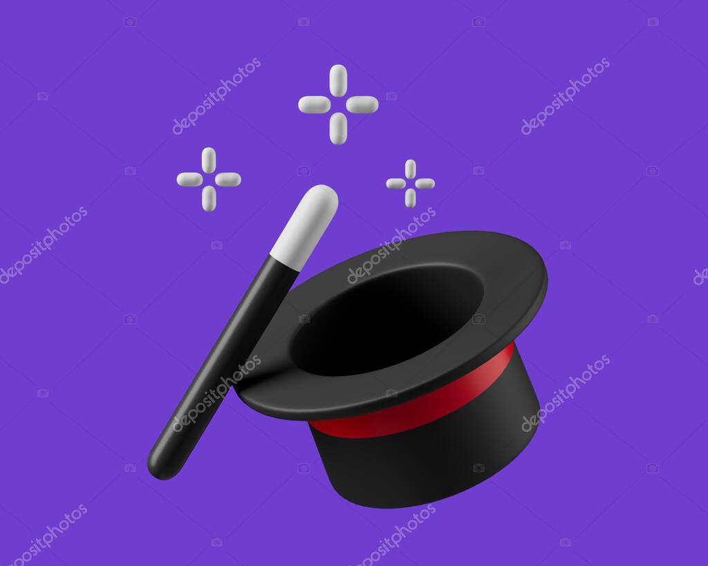 Simple magic wand tool with hat 3d render illustration. Isolated object on background
