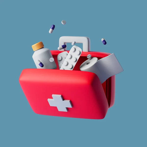 Botiquín de primeros auxilios rojo abierto simple con medicamentos para farmacia categoría 3d render illustration. — Foto de Stock