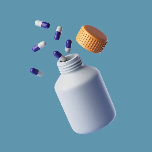 Píldoras simples en un frasco abierto 3d render ilustración —  Fotos de Stock