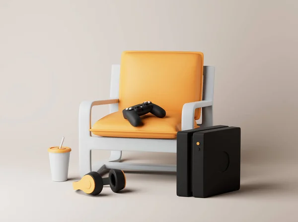 Intérieur avec fauteuil, console de jeux, tasse, écouteurs et manette de jeu sur le sol. Illustration de rendu 3D simple. — Photo