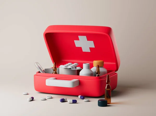 Botiquín de primeros auxilios rojo abierto simple con medicamentos para la categoría de farmacia en el piso 3d render illustration. — Foto de Stock