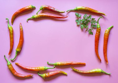 Pembe arka planda kırmızı, sıcak, kırmızı biberlerden çerçeve