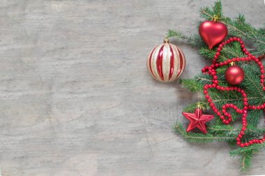 Christmas Decoration Over Wooden Background. Decorations over Wood. Vintag