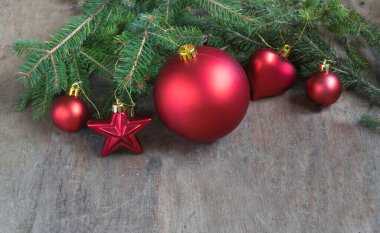 Christmas Decoration Over Wooden Background. Decorations over Wood. Vintag