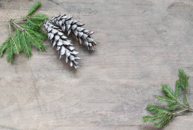 Christmas Decoration Over Wooden Background. Decorations over Wood. Vintag