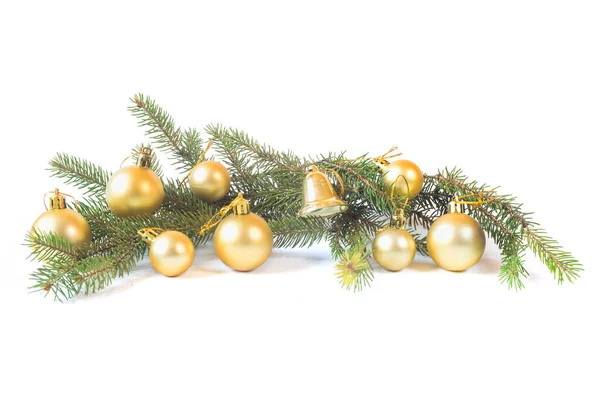 Golden Baubles Bells Pine Branches Isolated White Background Christmas Decoration — Φωτογραφία Αρχείου