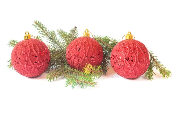 Three Red Baubles Pine Branches Isolated White Background Christmas Decoration — Zdjęcie stockowe