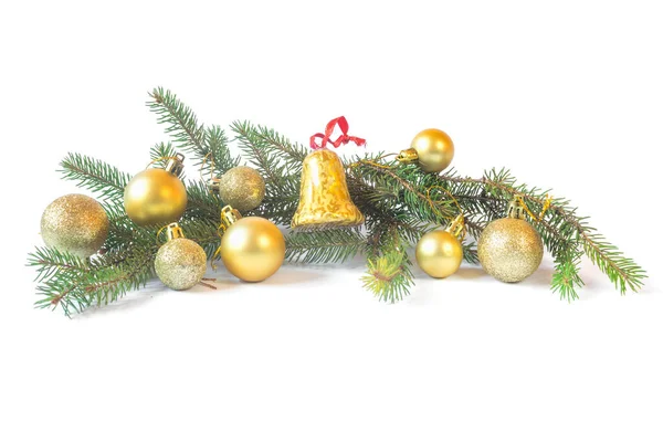 Golden Baubles Bells Pine Branches Isolated White Background Christmas Decoration — Fotografia de Stock