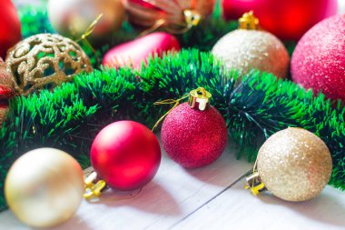 Beautiful christmas decoration on old white, wooden background. Christmas decoration concept