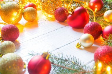 Beautiful christmas decoration on old white, wooden background. Christmas decoration concept