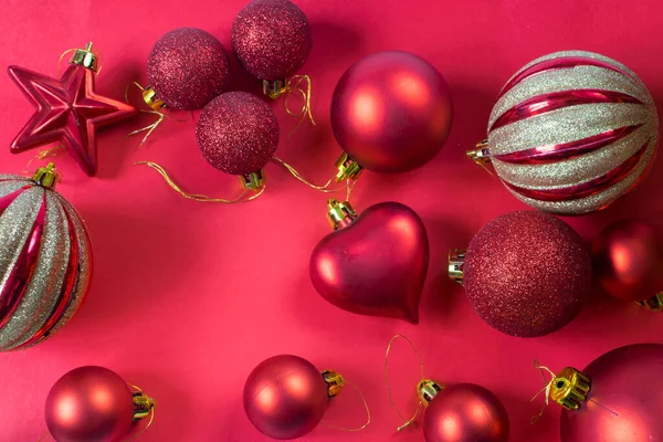 Group Beautiful Red Baubles Red Background Christmas Decoration Concept — Φωτογραφία Αρχείου