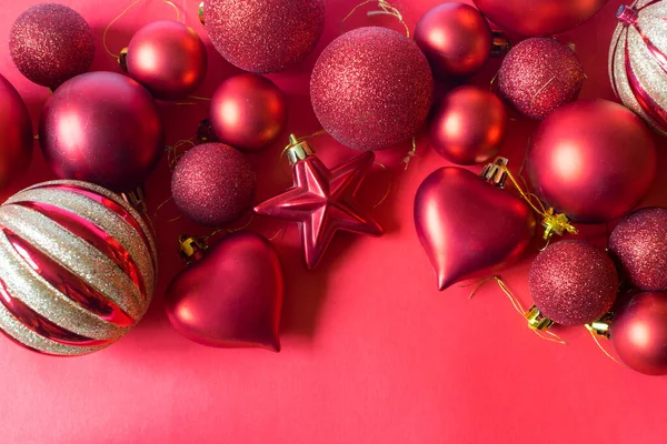 Group Beautiful Red Baubles Red Background Christmas Decoration Concept — Photo
