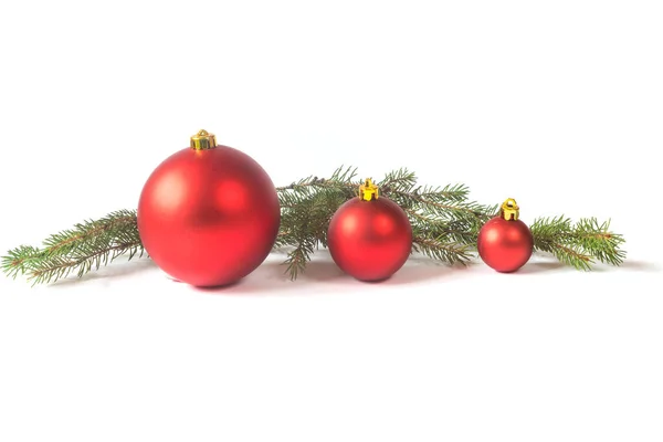 Red Christmas Baubles Pine Branches Isolated White Background Christmas Decoration — Stockfoto