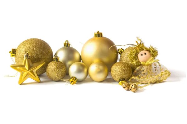 Golden Christmas Baubles Pine Branches Isolated White Background Christmas Decoration — Stockfoto