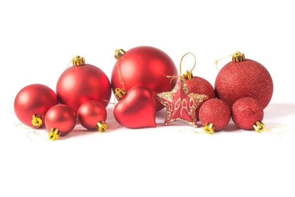 Red Christmas Baubles Pine Branches Isolated White Background Christmas Decoration — Photo
