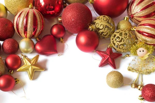 Bunch Red Golden Christmas Baubles Isolated White Background Christmas Decoration — Φωτογραφία Αρχείου