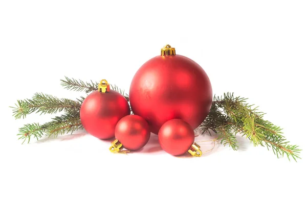 Red Christmas Baubles Pine Branches Isolated White Background Christmas Decoration Royalty Free Stock Photos
