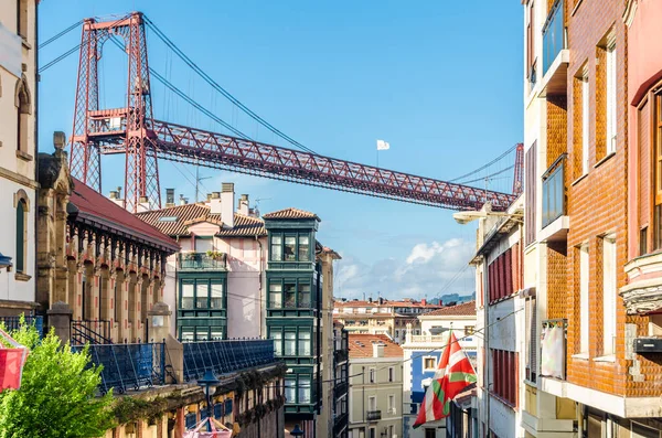 Fachadas Coloridas Cidade Velha Portugalete Espanha Com Famosa Ponte Vizcaya — Fotografia de Stock