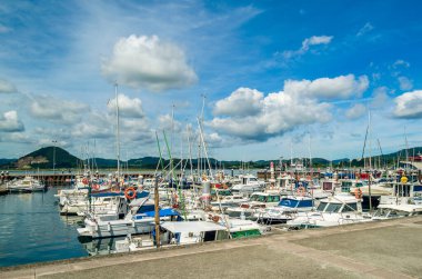 SANTONA, İspanya - 4 HAZİRAN 2021: Santona, İspanya Limanı 'ndaki teknelerin görüntüsü